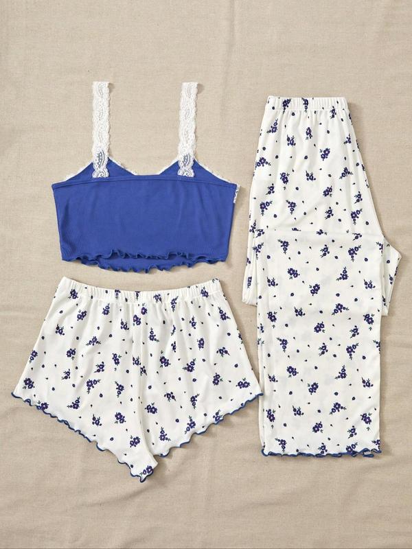 3 Counts Women's Ditsy Floral Print Contrast Lace Crop Cami Top & Bow Decor Shorts & Elastic Waist Pants Lettuce Trim Pyjama Set, Cute Nightwear, Summer Clothes, Camisole & Shorts & Trousers Pj Set, Summer Wear, Ladies Sleepwear for All Seasons