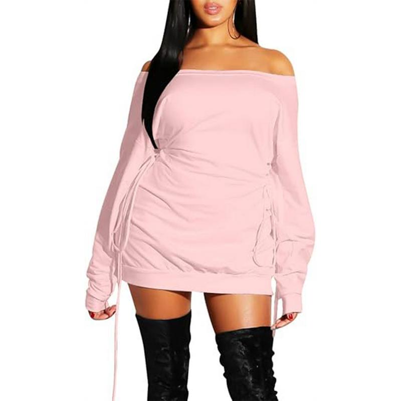 OYS  Women's Sexy Casual Off Shoulder Long Sleeve Lace Up Loose Club Mini Dress