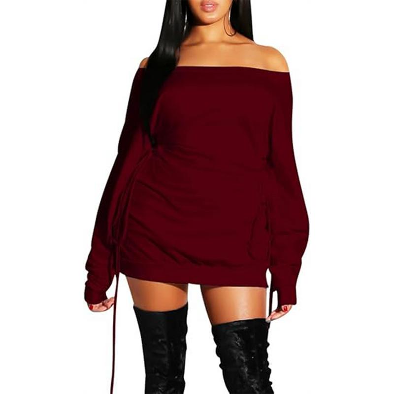 OYS  Women's Sexy Casual Off Shoulder Long Sleeve Lace Up Loose Club Mini Dress