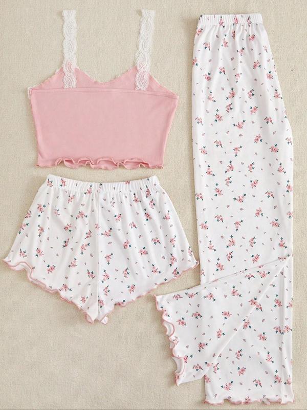 3 Counts Women's Ditsy Floral Print Contrast Lace Crop Cami Top & Bow Decor Shorts & Elastic Waist Pants Lettuce Trim Pyjama Set, Cute Nightwear, Summer Clothes, Camisole & Shorts & Trousers Pj Set, Summer Wear, Ladies Sleepwear for All Seasons