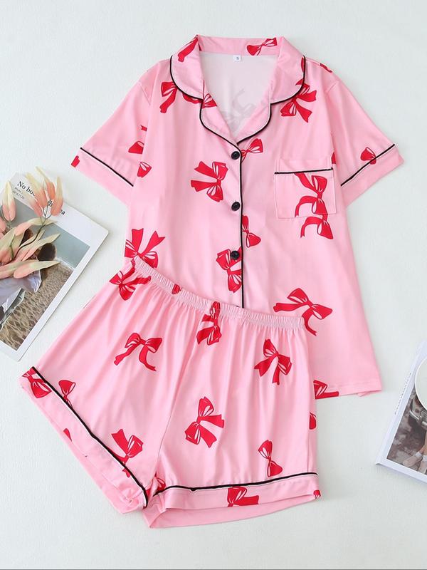 Two-Piece Set Women's Printed Button Front Pocket Blouse & Elastic Waist Shorts Pajama Set, Cute Comfy Soft PJ Lounge Set, Summer Clothes Women, Lady Sleepwear & Homewear Christmas List Ideas 2024