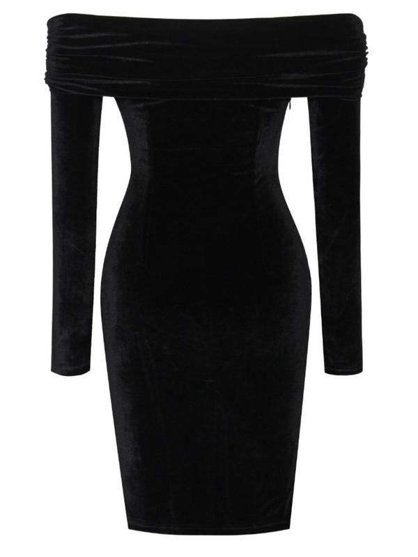 Women's Plain Ruched Off Shoulder Bodycon Dress, Womenswear Fashion Comfort Long Sleeve Dress for Lady, Basic Minimalist Evening Party Summer Outfits