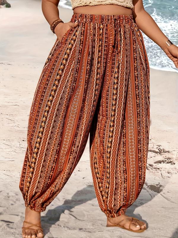 Plus Size Ethnic Pattern Tie Front Harem Pants, Boho High Waist Pocket Baggy Trousers, Women's Bottoms for Beach Vacation Holiday