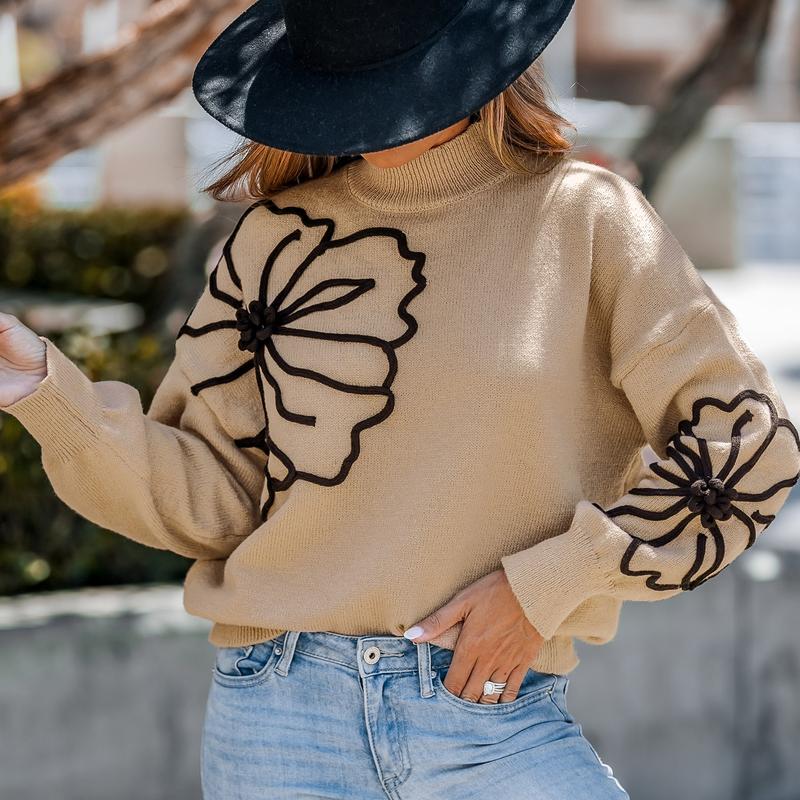 CUPSHE Khaki Floral Long Sleeve Turtleneck Sweater Knitwear Womenswear Tops