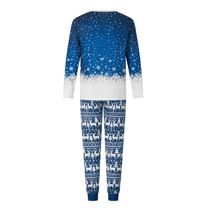 Blue Matching Christmas Pajamas For Family Snowflake Tree Print Long Sleeve Crew Neck Tops + Pants Set Sleepwear