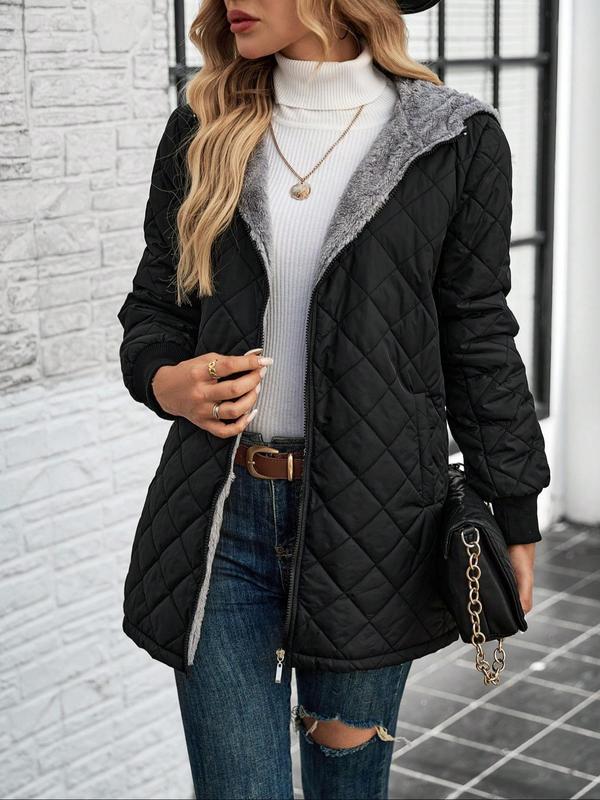 Women's Solid Zipper Quilted Hooded Jacket, Casual Long Sleeve Pocket Design Thermal Lined Outerwear for Fall & Winter, Women's Clothing for Daily Wear