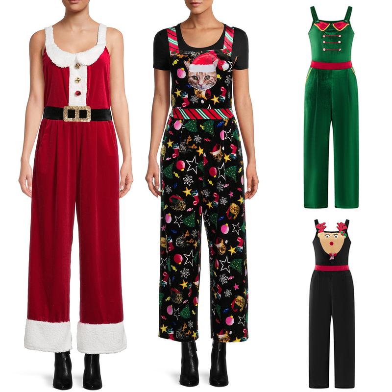 Women Christmas Jumpsuit Overalls Casual Sleeveless 3D Print Baggy Long Romper Pants Christmas Costume