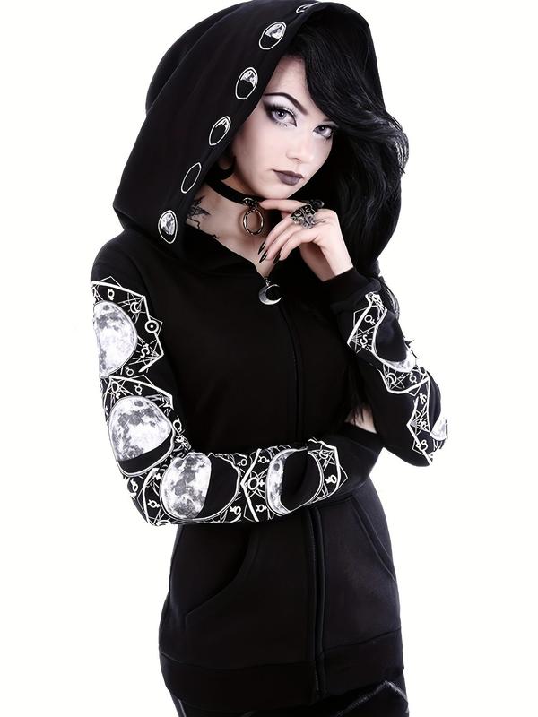 Women's Moon Print Pocket Zip Up Hoodie, Street Punk Long Sleeve Zipper Hooded Jacket, Femboy Sissy Goth Outfit, Casual Comfort Longsleeves Womenswear Tops