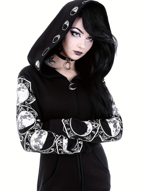 Women's Moon Print Pocket Zip Up Hoodie, Street Punk Long Sleeve Zipper Hooded Jacket, Femboy Sissy Goth Outfit, Casual Comfort Longsleeves Womenswear Tops