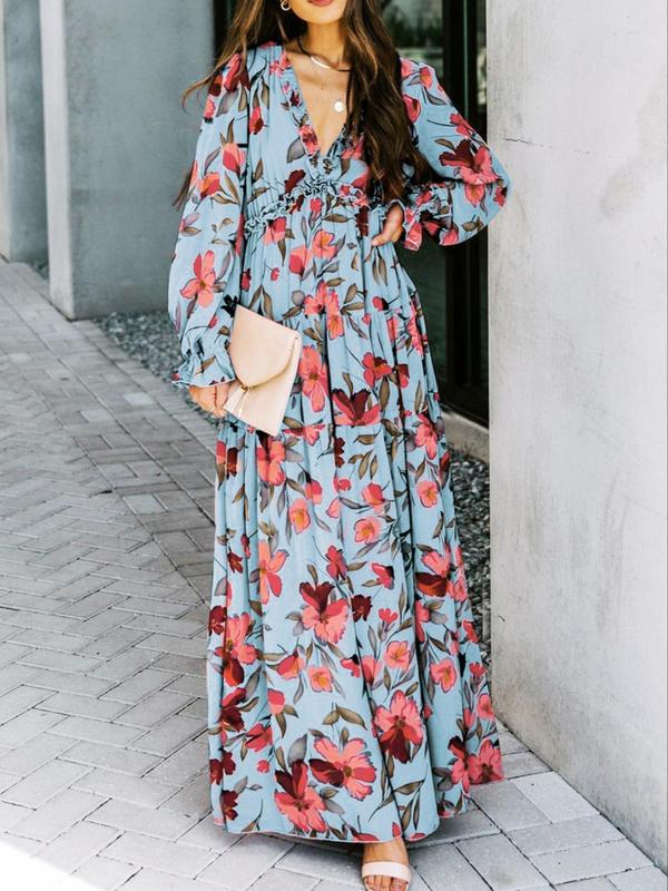 Women's Ditsy Floral Print Frill Trim Split Thigh Long Dress, Boho Bishop Sleeve V Neck A Line Dress for Spring & Fall, Dresses for Women, Women's Clothing for Daily Wear, Vow Renewal Party Pink Dress， Moo Moo Dresses