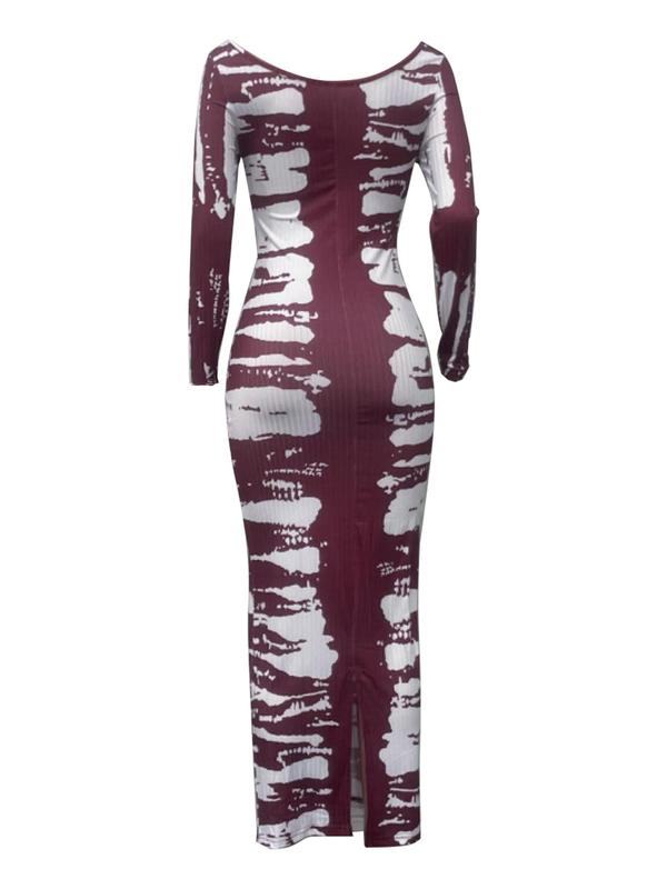 Women's All Over Print Square Neck Bodycon Dress, Lady Casual Wear, Comfort Womenswear, Elegant Longsleeves Ribbed Long Dress for Daily Wear, Chic Ladies Clothes for All Seasons